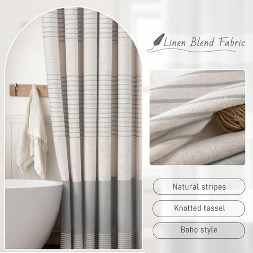 Grey Farmhouse Linen Striped Shower Curtain with Tassel 72"W X 72"L