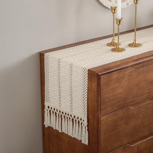 Ivory Farmhouse Boho Macrame Table Runner with Tassels 110 inches Long