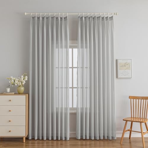 96 inch Long Chiffon Sheer Curtains for Living Room Pinch Pleated