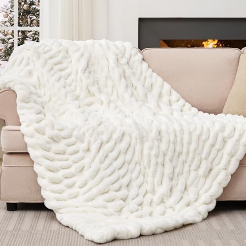Touchat Ruched Rabbit Faux Fur Throw Blanket,Fluffy Soft Cozy,Cream