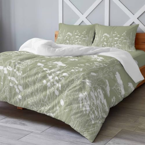 Sage Green California King 4 Piece Duvet Cover Set, White Botanical
