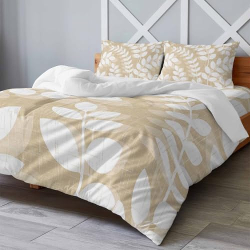 Beige Leaves California King 4 Piece Duvet Cover Set, Farmhouse Branch
