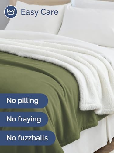 Sherpa Fleece Blanket Queen Size - Reversible Blanket - Olive, 90" x