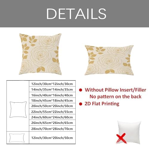 Rose Floral Throw Pillow Covers Set of 2, Cream Gold Flower Decorative