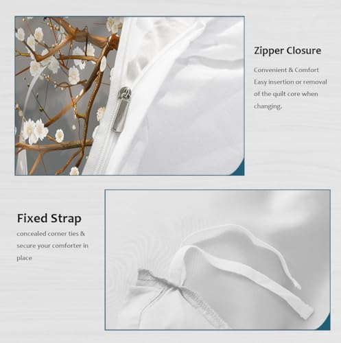 Chic White Cherry Blossom Duvet Cover Japanese Crane Bedding Set Gray