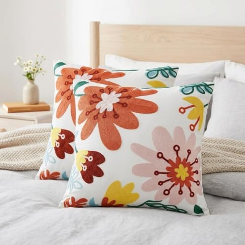White Red Floral Embroidered Pillow Covers 18x18 inch Set of 2