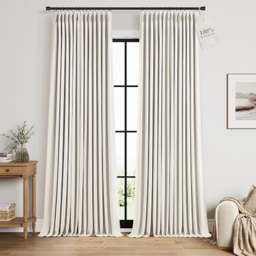 Nanspring 100% Blackout Linen Pinch Pleated Curtains 98 Inch Long