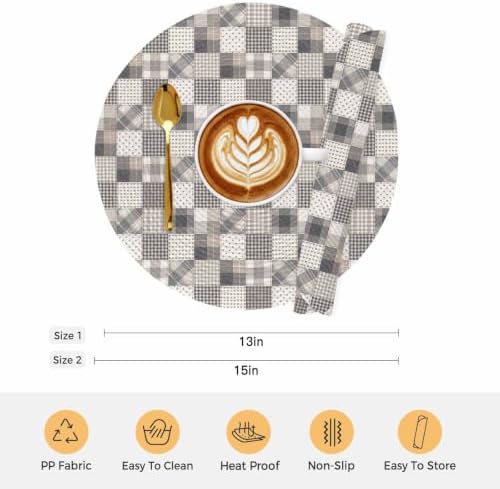 Patchwork 15 Inch Round Placemats Set of 6, Vintage Gray Minimalist