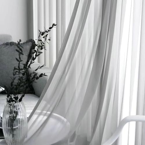 Light Gray Semi-Sheer Curtains 63 inch Long 2 Panels, Solid Color