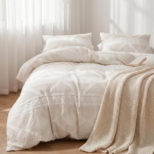 SLEEP ZONE Queen Duvet Cover Set, Tufted Boho Cotton Blend, Beige