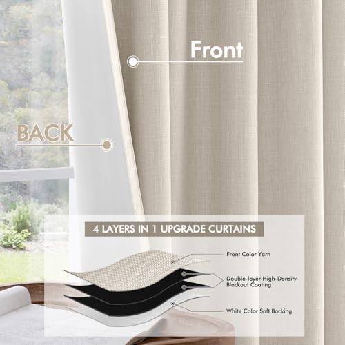 MIULEE 100% Blackout Back Tab Pleat Linen Curtains 50" Wx120 L,Birch