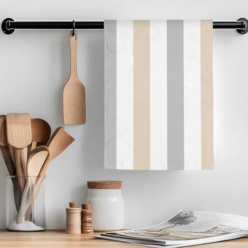 Beige Grey Stripe Kitchen Towels Set of 3 Classic Modern Geometric