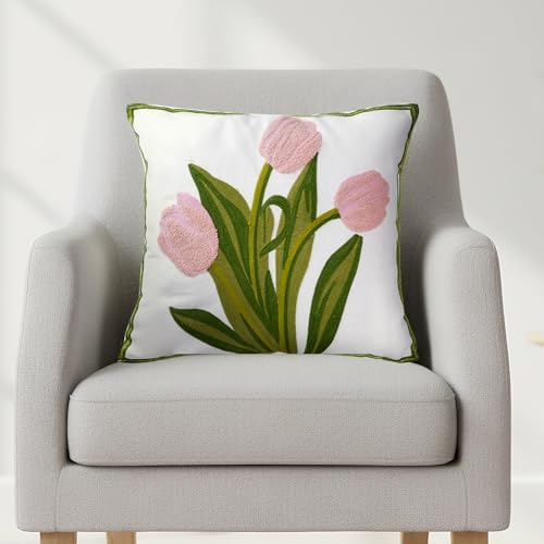 Embroidered Boho Floral Pillow Covers 18x18 Set of 2 Pink