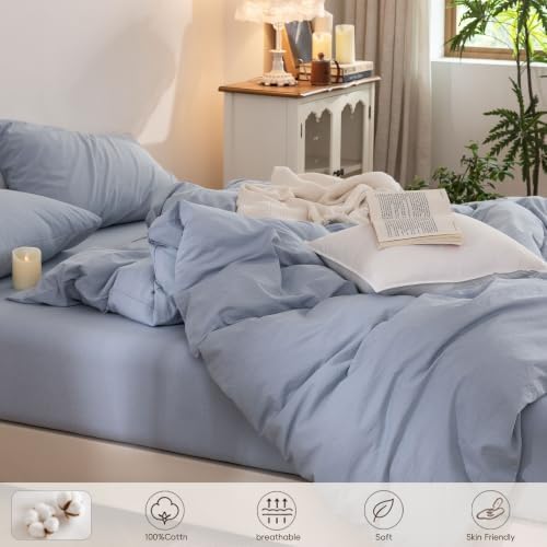 Duvet Cover Set 100% Washed Cotton Linen Feel 2‐Pcs Twin