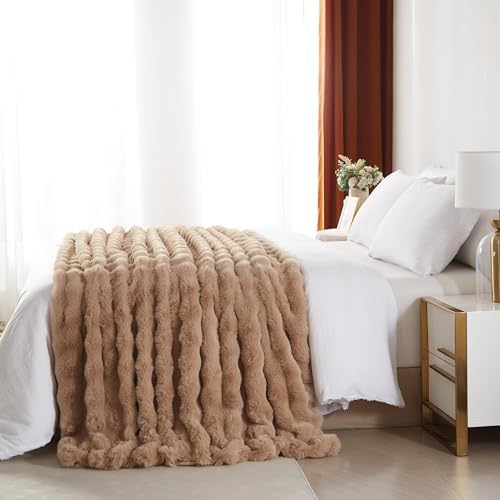 Taupe Faux Rabbit Fur Bubble Throw Blanket 50 x 60 in