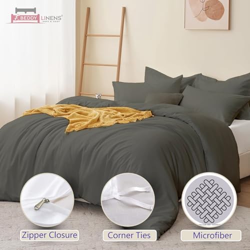 eBeddy Linens Microfiber Duvet Cover Set Full/Queen 90x90, Dark Grey
