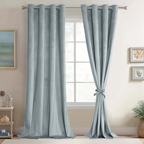 JIUZHEN Stone Blue Velvet Blackout Curtains 120 Inch for Living Room