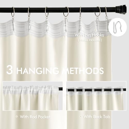 MIULEE Cream Back Tab Blackout Curtains 52x63 Inches Long 2 Panels Set