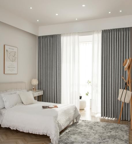 LETAU Linen Texture Grey Curtains 96 inches Long, 100% Blackout