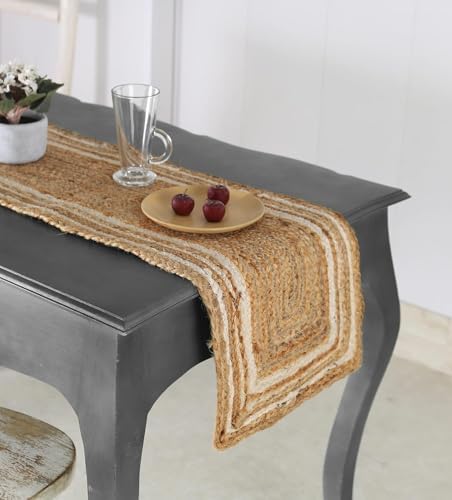 Beige & White Jute Table Runner Rug – 13 x 120 Inches – Handmade