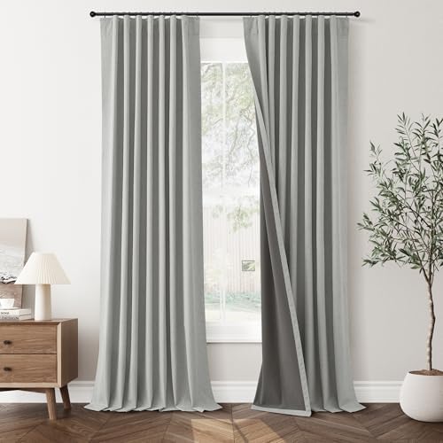 Jowels Grey Linen Blackout Curtains 120 Inches Long 2 Panels for