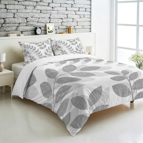 3 Pieces Bedding Set King Size, Gray Leaves Soft Duvet Covers Set with