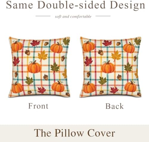 Leaves Plaid Decor Pillow Covers 22x22 Inch Set of 2 Linen for Fall