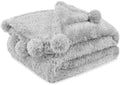 PAVILIA Soft Sherpa Twin Blanket Pom Pom for Couch Bed, Light Gray