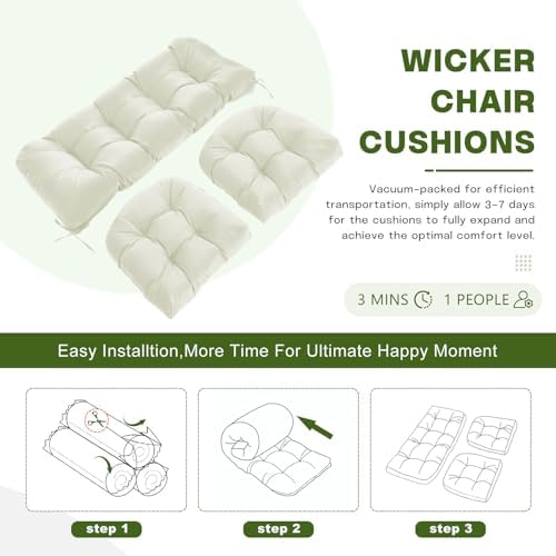 3-Piece 4-Inch Wicker Cushion Set, Waterproof Loveseat Cushions Beige