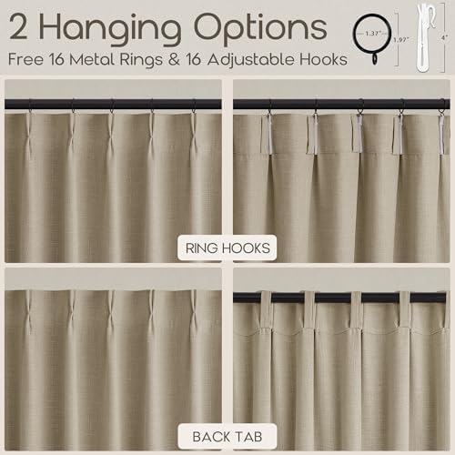 Oatmeal Pleated Semi Sheer Linen Farmhouse Curtains 84 Inches 2 Panels