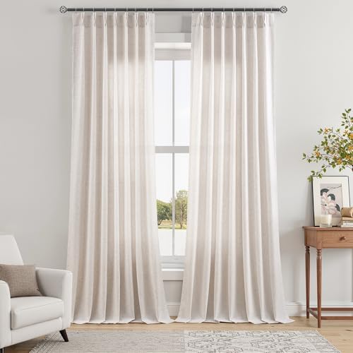 Cream Pinch Pleated Linen Curtains 120 Inches for Living Room Semi