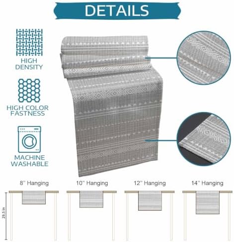 Light Grey Boho Table Runner 108 Inches Long, Rthnic Modern Geometric