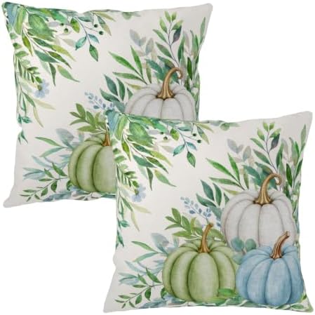 Fall Decorative Pillow Covers 22x22 Set of 2 Autumn Sage Green Blue