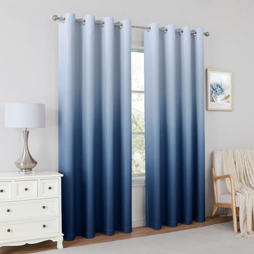 HOMEIDEAS Navy Blue Ombre Blackout Curtains 52W x 96L 2 Panels