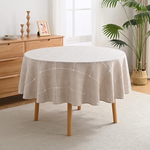 Lattice Embroidery Plaid Round Tablecloth, Round 70 Inch, Beige