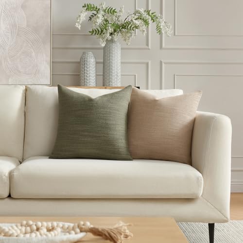 Meekio Set of 2 Linen Look Olive Green Pillow Covers 20x20, Decorative