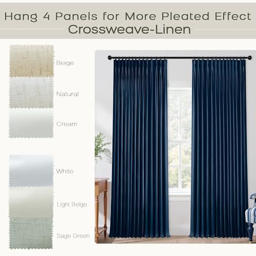 Mrs.Naturall Navy Blue Pinch Pleated Linen Blackout Curtains 84 Inch