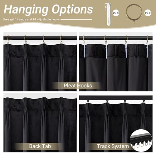 Pinch Pleated Black Blackout Velvet Curtains 84 inch Length 2 Panel