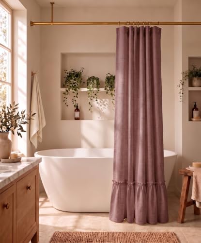 Ruffle Linen Shower Curtain 72x84, Linen Blend with Gathered Flounce