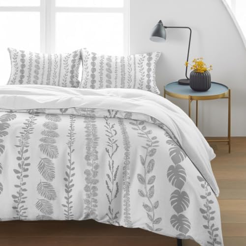 Grey Leaf Striped King 4 Piece Duvet Cover Set, Summer Botanical