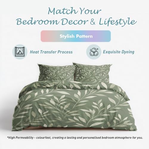 Sage Green Leaf Duvet Cover Queen Size, Leaves Pattern Bedding Set