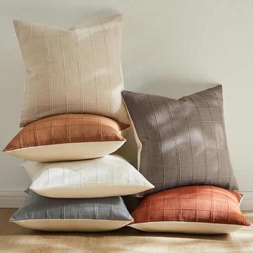 ZeeMart Linen Checked Throw Pillow Covers Set of 2, 22x22 Inch Cocoa