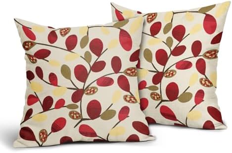 Boho Red and Cream Leaf Throw Pillow Covers 18x18 Inch Set of 2 Wine