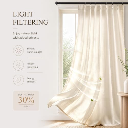 Hokibero Cream Pinch Pleated Linen Curtains 120 Inch Long for Living