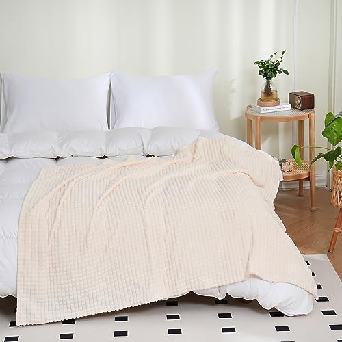 Puncuntex Fleece Throw Blanket Cream White 50"×70" with Square Grid