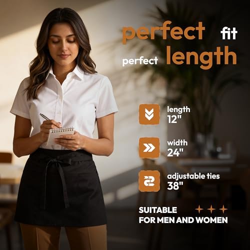White Classic 12 Pack - Black Server Waist Aprons with 3 Pockets