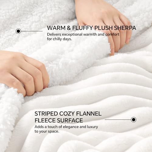 INFIIXSO Striped Sherpa Throw Blanket for Couch, Warm Plush, White