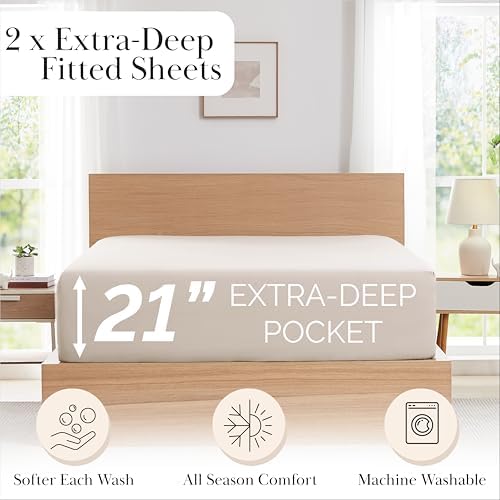 21 Inch Extra Deep Pocket King Fitted Sheets Only 2 Pack Natural Beige