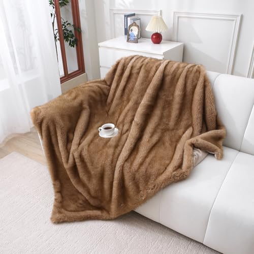 MERRYLIFE Luxury Plush Faux Fox Fur Throw Blanket for Bed Pale Brown
