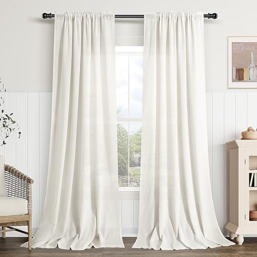 Guken Extra Long Linen Curtains 120 Inch Rod Pocket Beige White 2